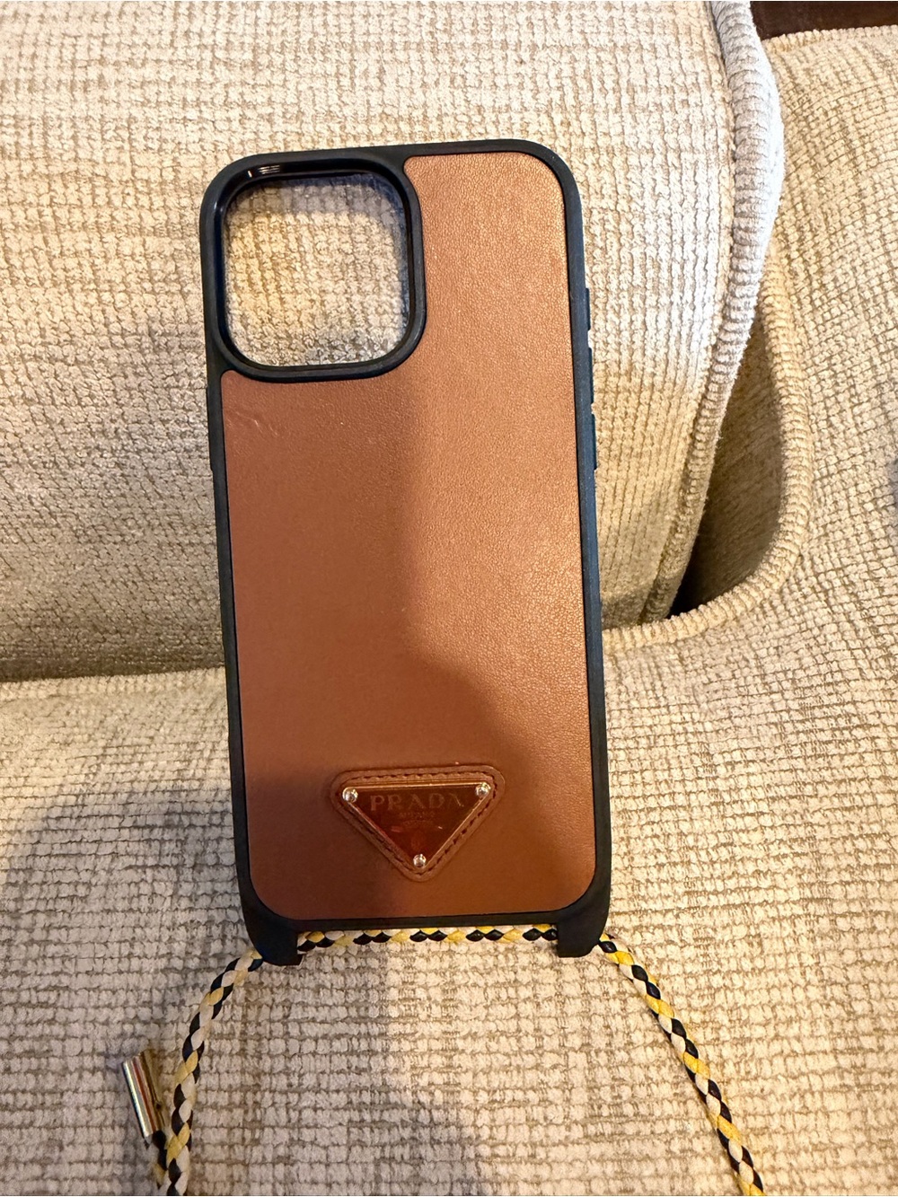 Prada Tan Brown Leather Phone Case with Black Trim and Braided Lanyard